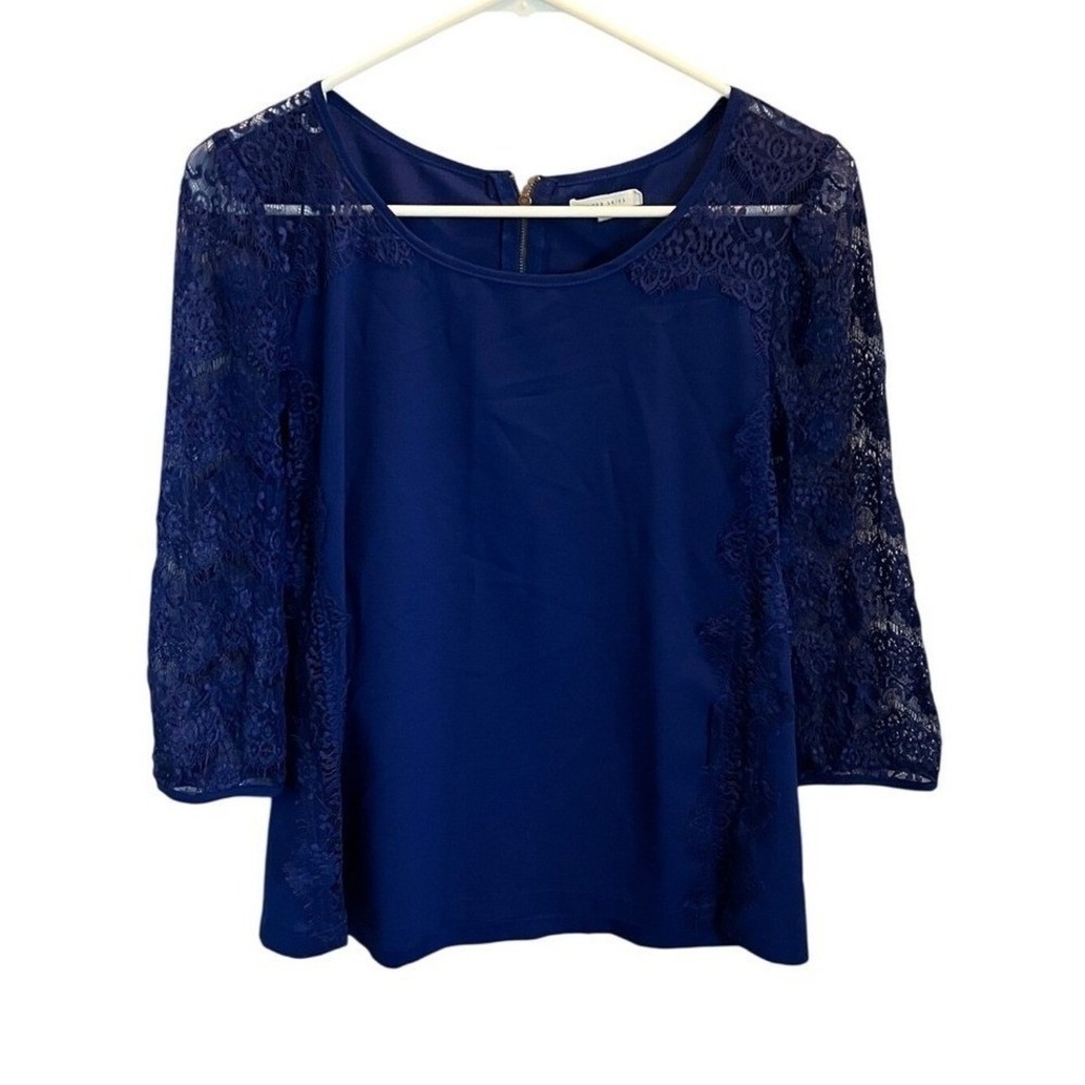 Under Skies Womens Royal Blue Lace 3/4 Sleeve Blouse Top Size L Exposed Zipper